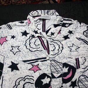 Vintage Forenza Abstract Stars Doodle Pattern Button Shirt